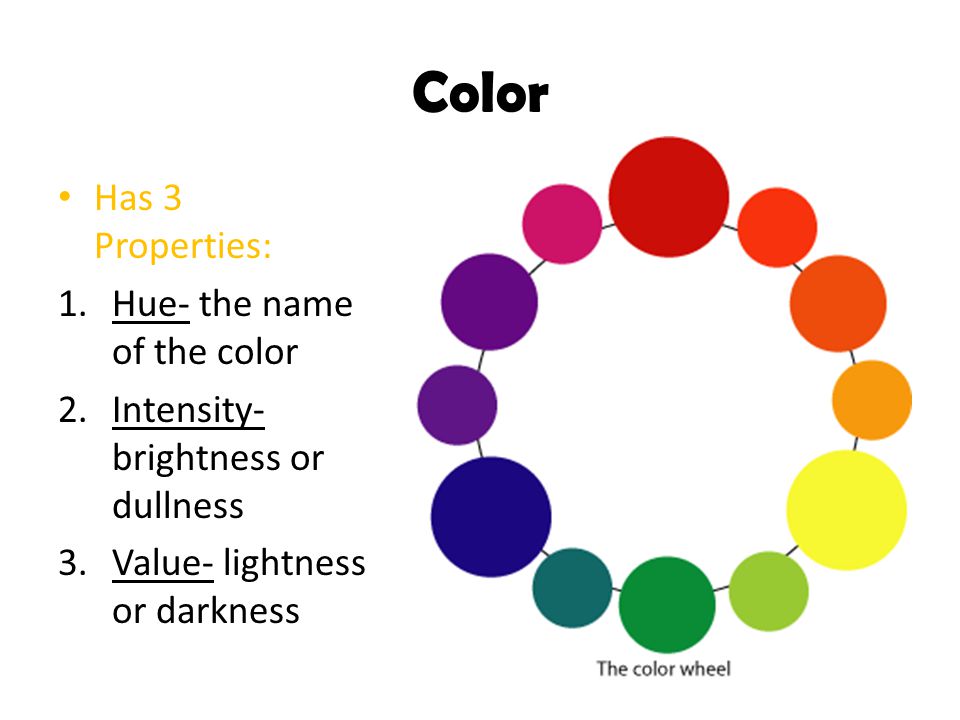 Color Has 3 Properties: Hue- the name of the color