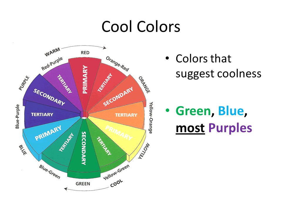 Cool Colors Colors that suggest coolness Green, Blue, most Purples