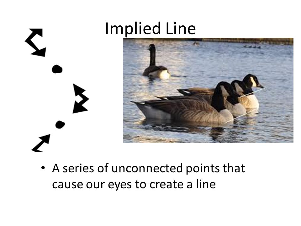 Implied Line A series of unconnected points that cause our eyes to create a line