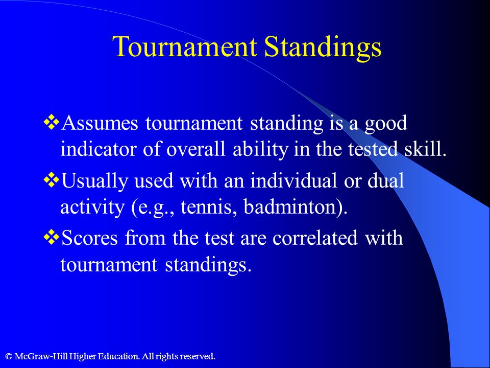 Tournament Standings Assumes tournament standing is a good indicator of overall ability in the tested skill.