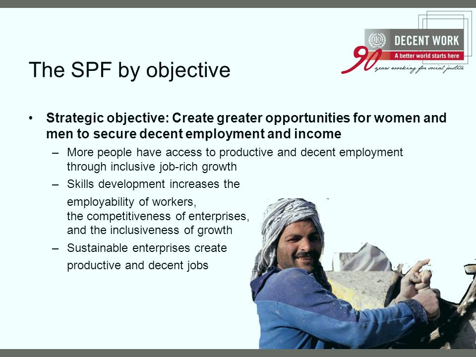 The SPF by objective Strategic objective: Create greater opportunities for women and men to secure decent employment and income.