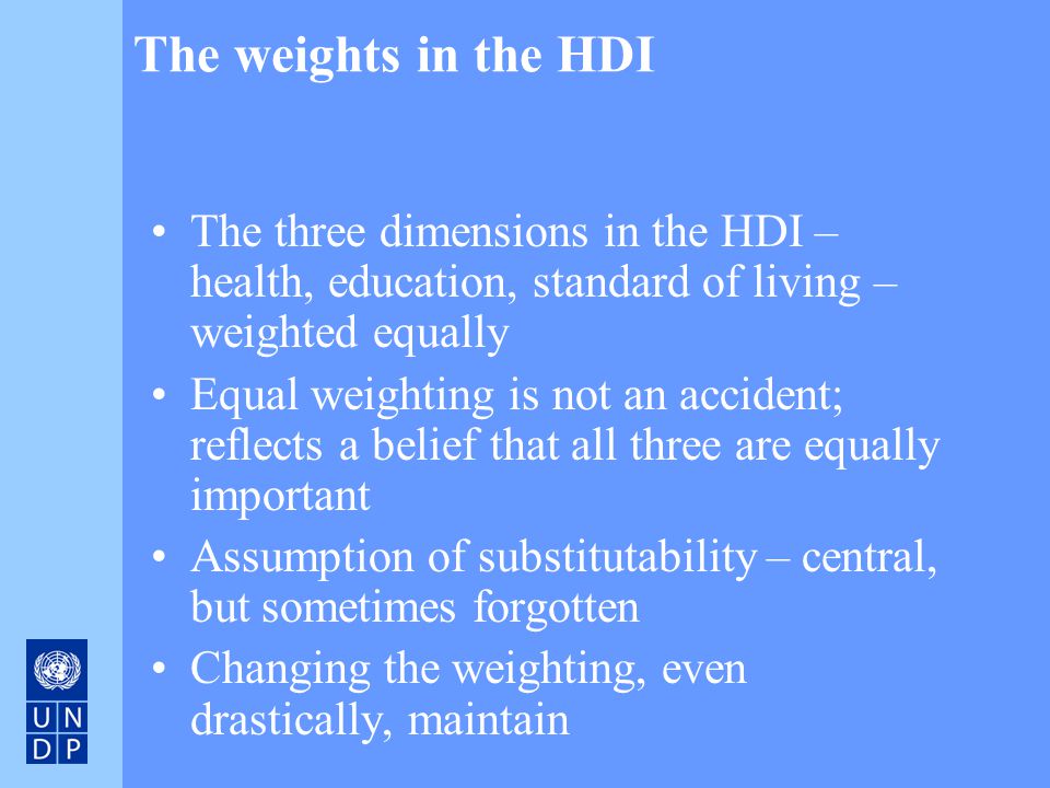 The weights in the HDI The three dimensions in the HDI – health, education, standard of living – weighted equally.