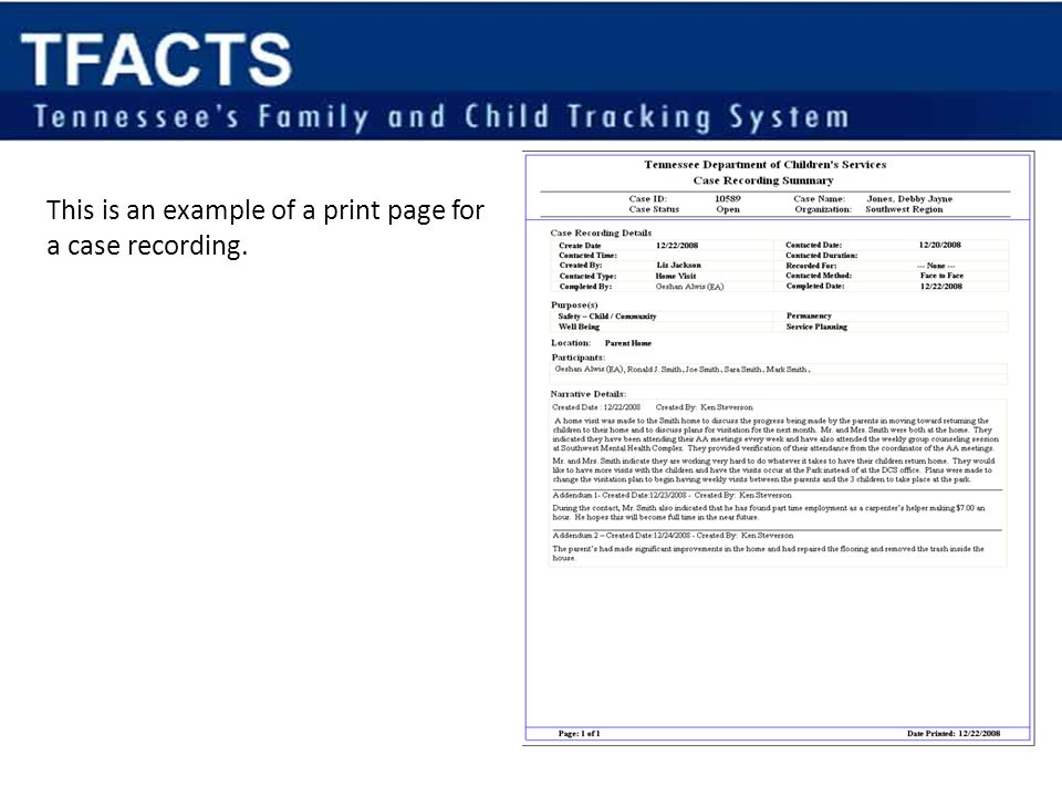 This is an example of a print page for a case recording.