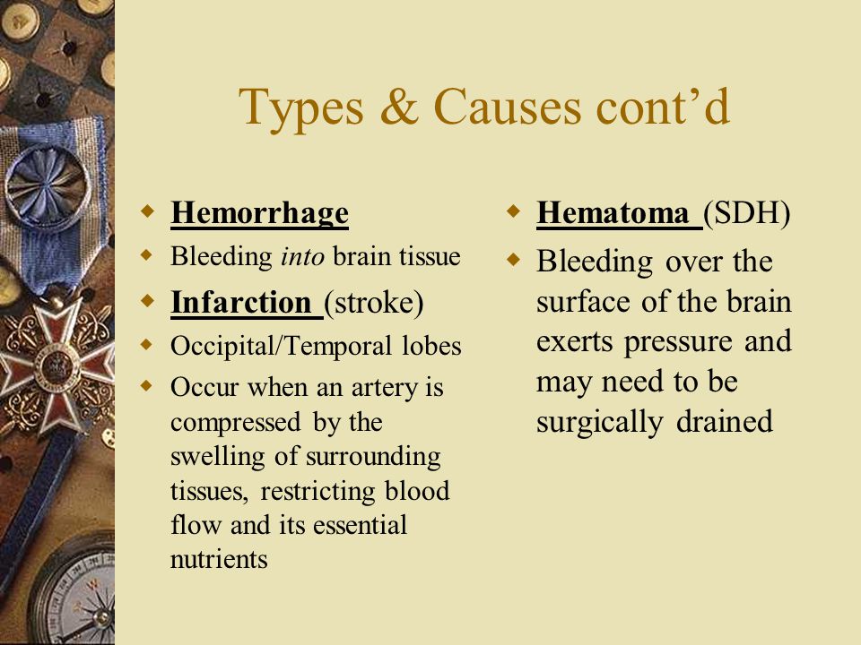 Types & Causes cont’d Hemorrhage Infarction (stroke) Hematoma (SDH)