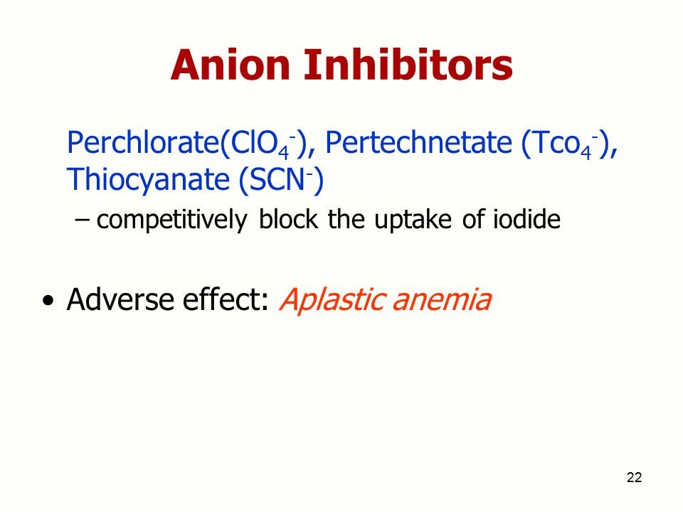Anion Inhibitors Perchlorate(ClO4-), Pertechnetate (Tco4-), Thiocyanate (SCN-) competitively block the uptake of iodide.
