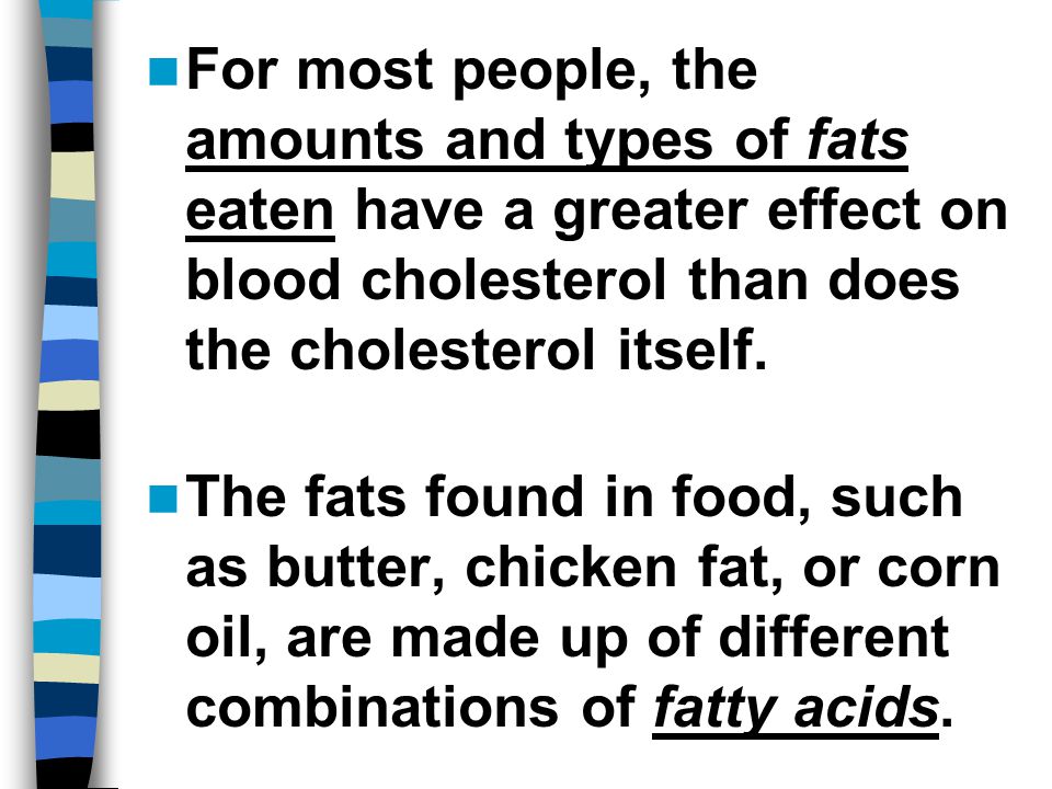 For most people, the amounts and types of fats eaten have a greater effect on blood cholesterol than does the cholesterol itself.