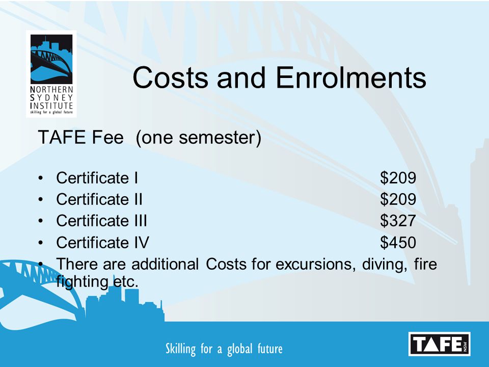 Costs and Enrolments TAFE Fee (one semester) Certificate I $209