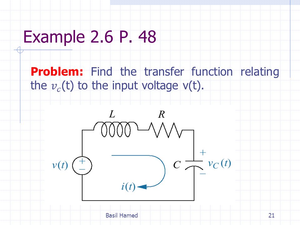 Example 2.6 P. 48 Problem: Find the transfer function relating the 𝑣 𝑐 (t) to the input voltage v(t).