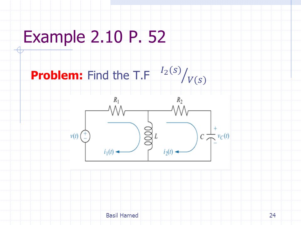 Example 2.10 P. 52 Problem: Find the T.F 𝐼 2 (𝑠) 𝑉(𝑠) Basil Hamed