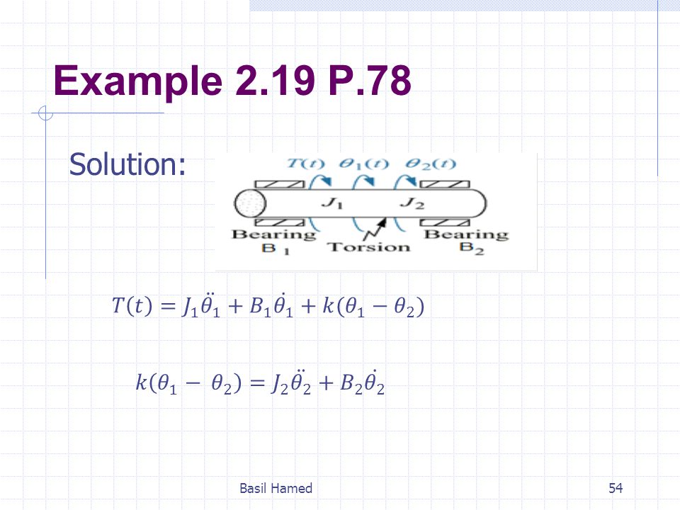 Example 2.19 P.78 Solution: 𝑇 𝑡 = 𝐽 1 𝜃 1 + 𝐵 1 𝜃 1 +𝑘( 𝜃 1 − 𝜃 2 )