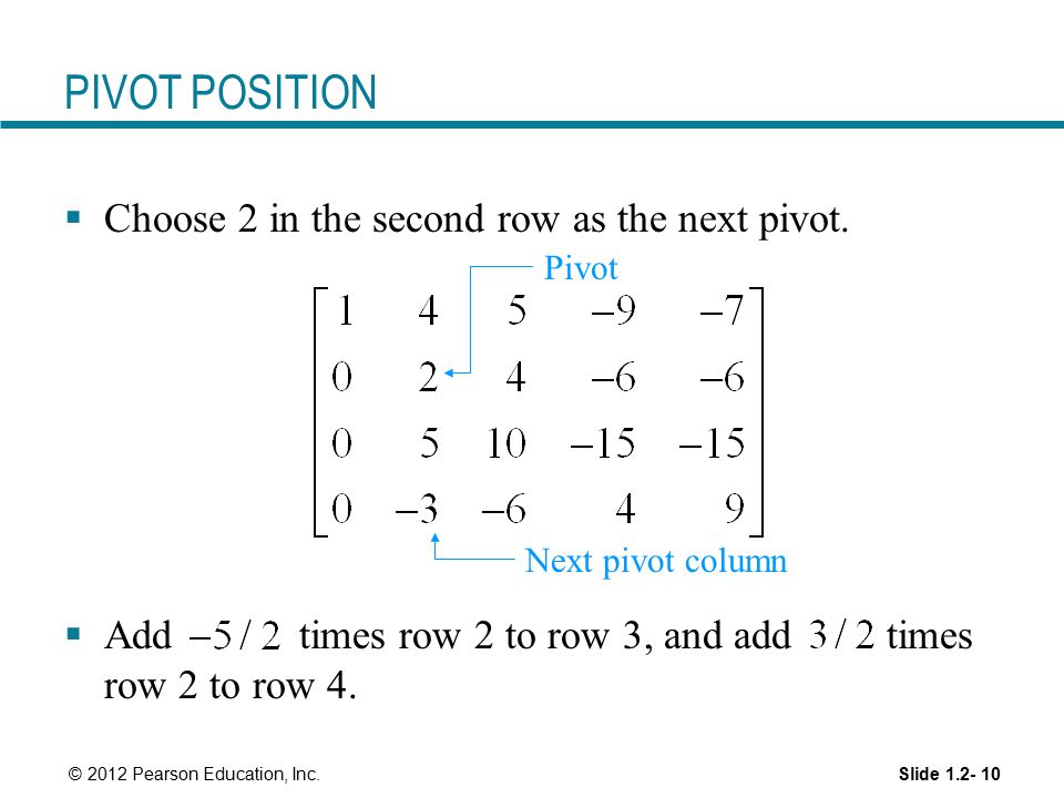 PIVOT POSITION Choose 2 in the second row as the next pivot.