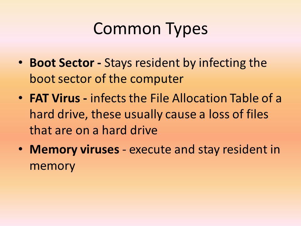 Common Types Boot Sector - Stays resident by infecting the boot sector of the computer.