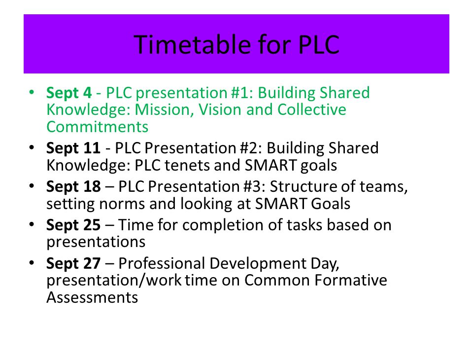 Timetable for PLC Sept 4 - PLC presentation #1: Building Shared Knowledge: Mission, Vision and Collective Commitments.