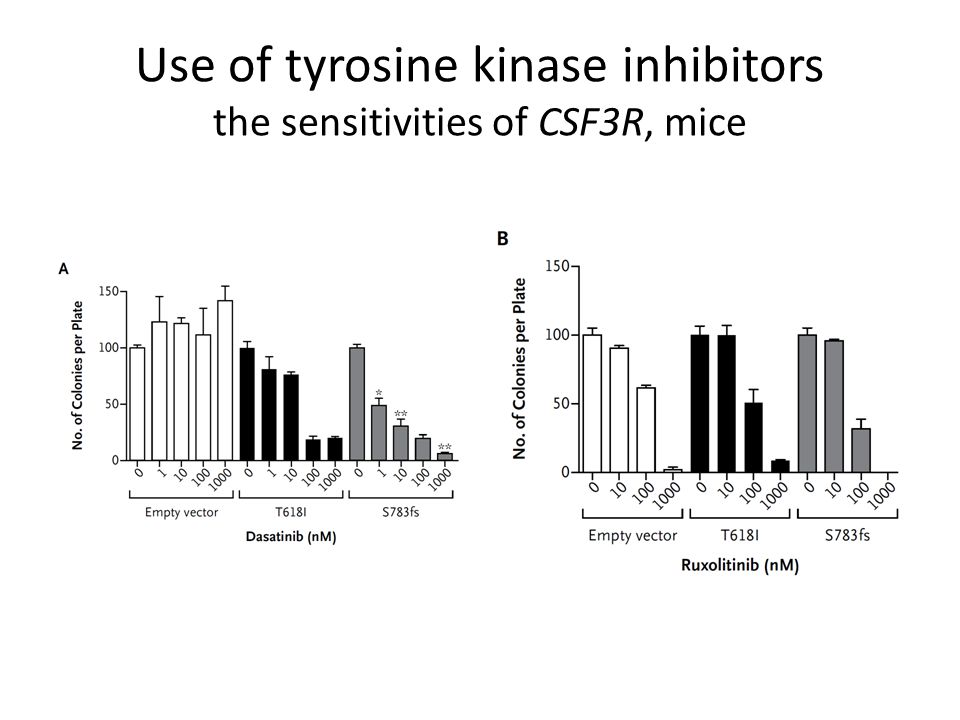 Use of tyrosine kinase inhibitors the sensitivities of CSF3R, mice