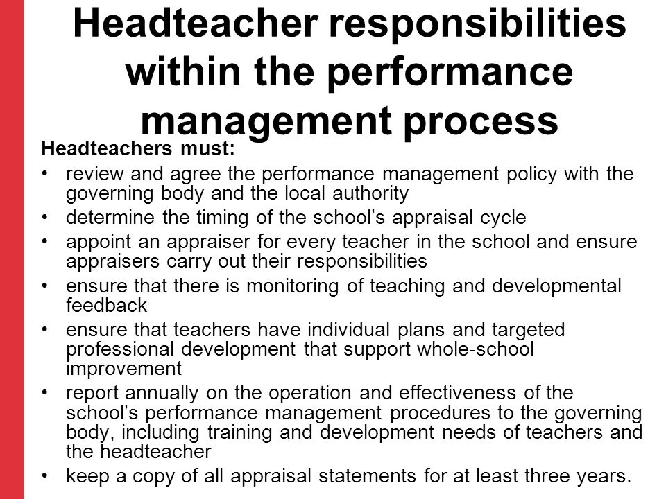 Headteacher responsibilities within the performance management process