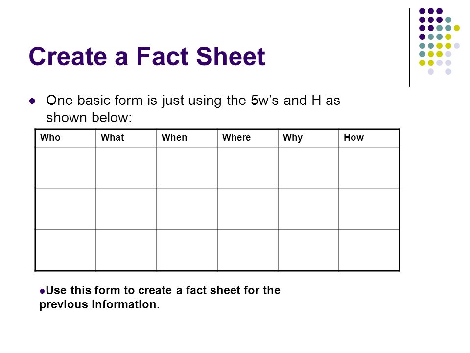 Create a Fact Sheet One basic form is just using the 5w’s and H as shown below: Who. What. When.