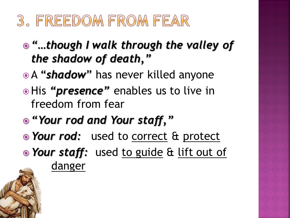 3. Freedom from Fear …though I walk through the valley of the shadow of death, A shadow has never killed anyone.