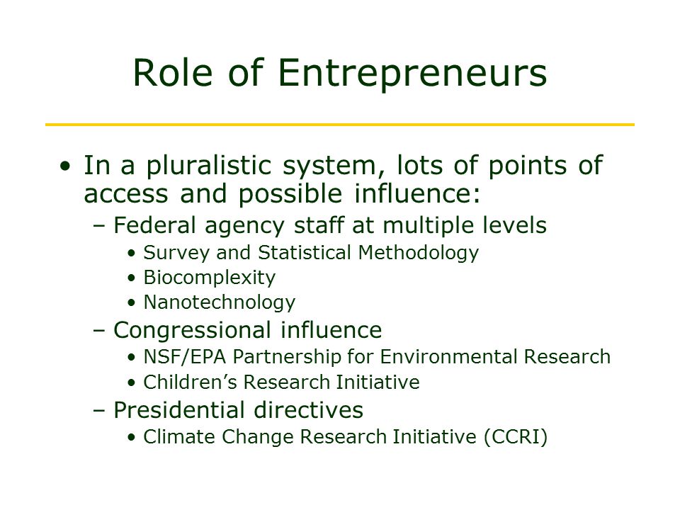 Role of Entrepreneurs In a pluralistic system, lots of points of access and possible influence: Federal agency staff at multiple levels.