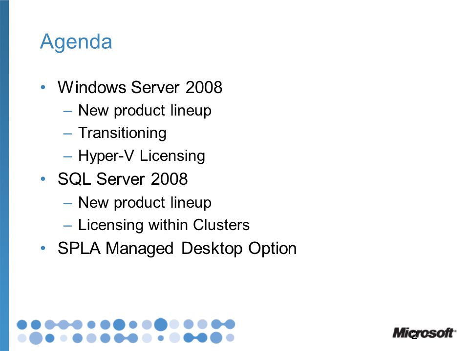 Agenda Windows Server 2008 SQL Server 2008 SPLA Managed Desktop Option