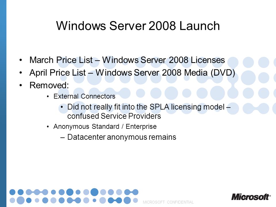 Windows Server 2008 Launch March Price List – Windows Server 2008 Licenses. April Price List – Windows Server 2008 Media (DVD)