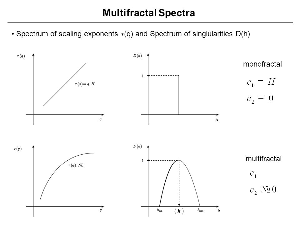 Multifractal Spectra • Spectrum of scaling exponents t(q) and Spectrum of singlularities D(h) monofractal.