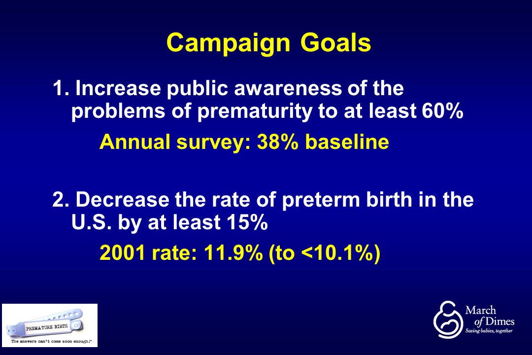 Campaign Goals 1. Increase public awareness of the problems of prematurity to at least 60% Annual survey: 38% baseline.