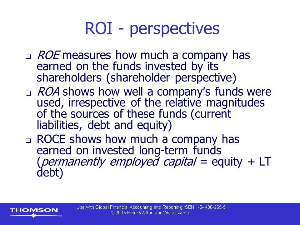 ROI - perspectives ROE measures how much a company has earned on the funds invested by its shareholders (shareholder perspective)