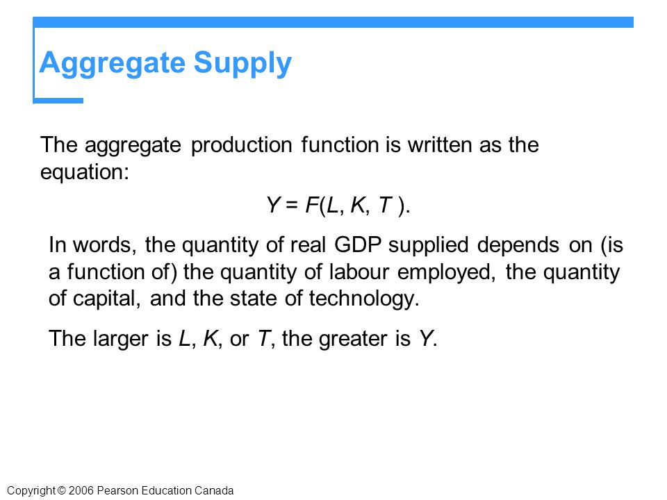 Aggregate Supply The aggregate production function is written as the equation: Y = F(L, K, T ).