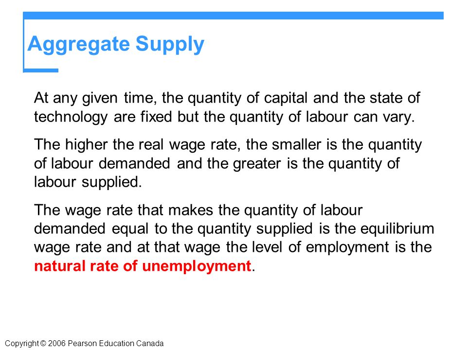 Aggregate Supply At any given time, the quantity of capital and the state of technology are fixed but the quantity of labour can vary.