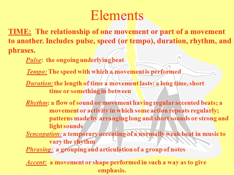Elements TIME: The relationship of one movement or part of a movement to another. Includes pulse, speed (or tempo), duration, rhythm, and phrases.