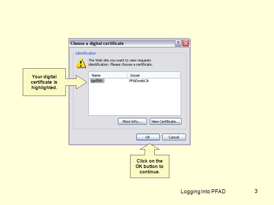 Logging Into PFAD Your digital certificate is highlighted.
