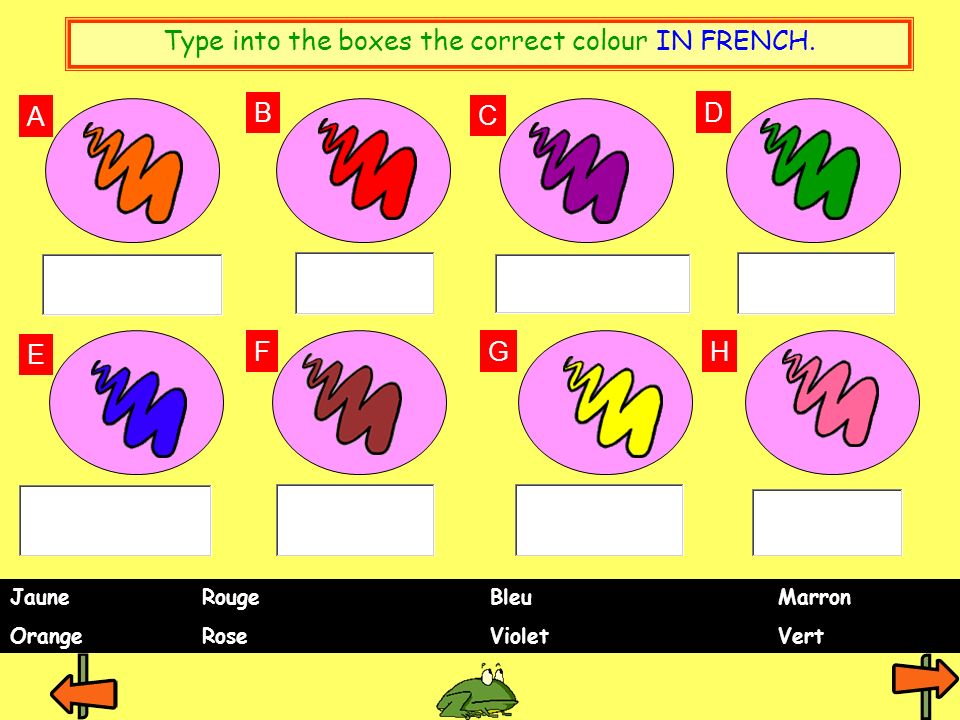 Type into the boxes the correct colour IN FRENCH.