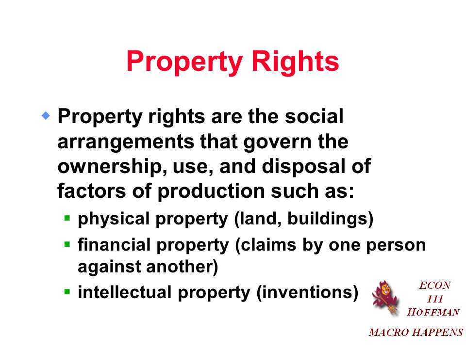 Property Rights Property rights are the social arrangements that govern the ownership, use, and disposal of factors of production such as: