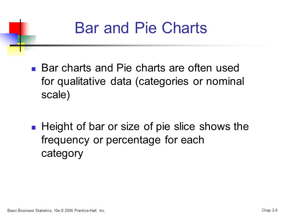Bar and Pie Charts Bar charts and Pie charts are often used for qualitative data (categories or nominal scale)