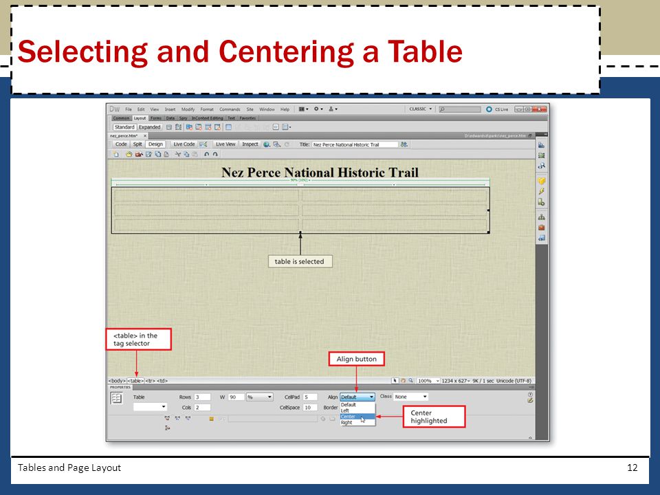 Selecting and Centering a Table