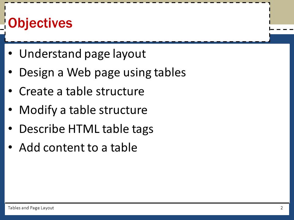 Objectives Understand page layout Design a Web page using tables