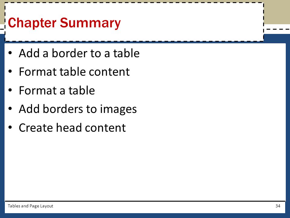 Chapter Summary Add a border to a table Format table content