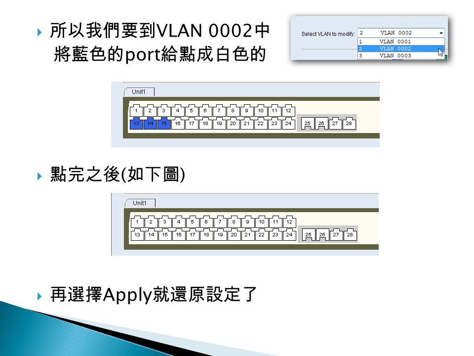 所以我們要到VLAN 0002中 將藍色的port給點成白色的 點完之後(如下圖) 再選擇Apply就還原設定了