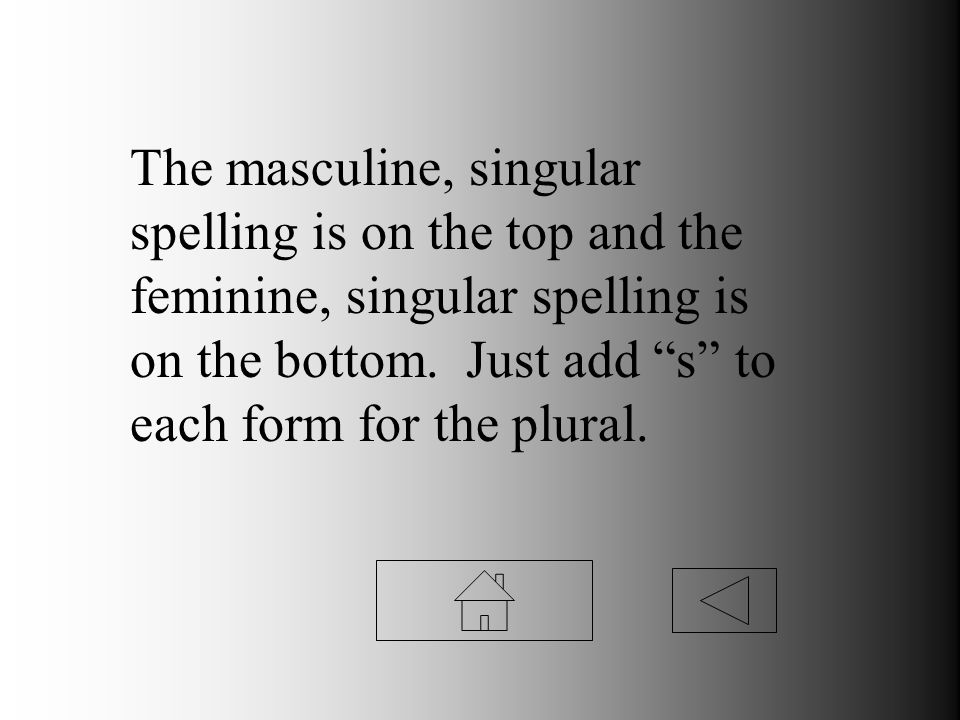 The masculine, singular spelling is on the top and the feminine, singular spelling is on the bottom.