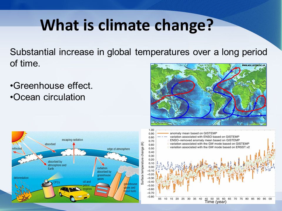 What is climate change Substantial increase in global temperatures over a long period of time. Greenhouse effect.