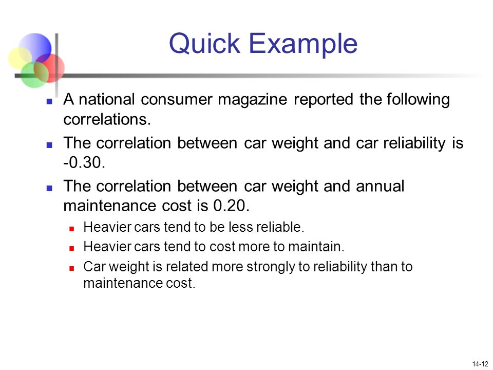 Quick Example A national consumer magazine reported the following correlations. The correlation between car weight and car reliability is