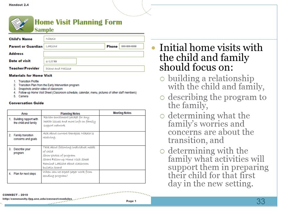 Initial home visits with the child and family should focus on: