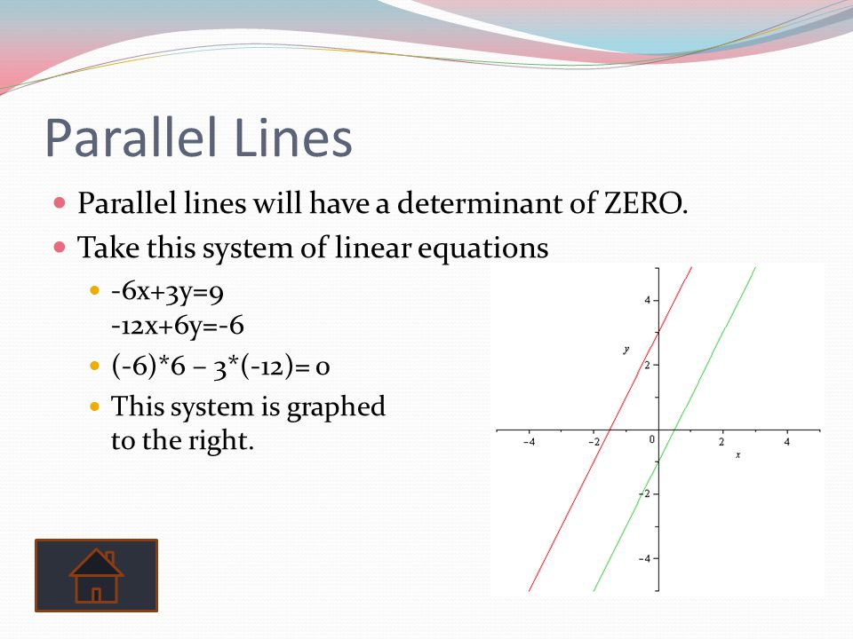 Parallel Lines Parallel lines will have a determinant of ZERO.
