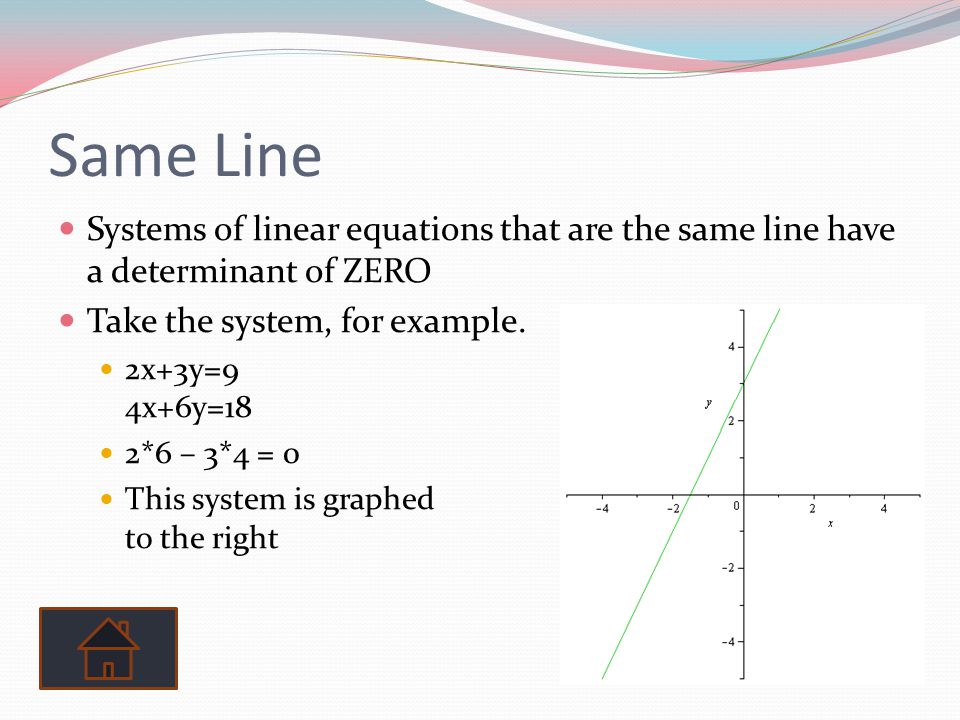Same Line Systems of linear equations that are the same line have a determinant of ZERO. Take the system, for example.