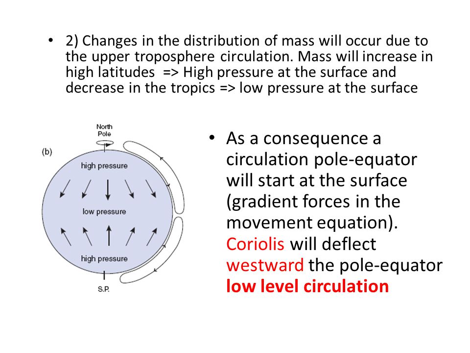 2) Changes in the distribution of mass will occur due to the upper troposphere circulation. Mass will increase in high latitudes => High pressure at the surface and decrease in the tropics => low pressure at the surface