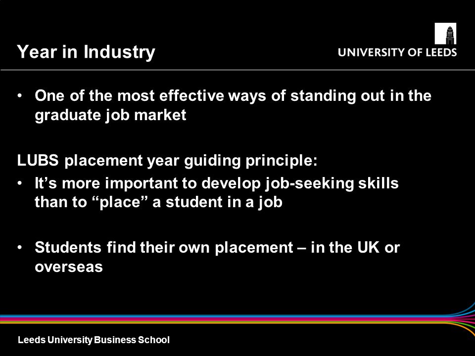 Year in Industry One of the most effective ways of standing out in the graduate job market. LUBS placement year guiding principle:
