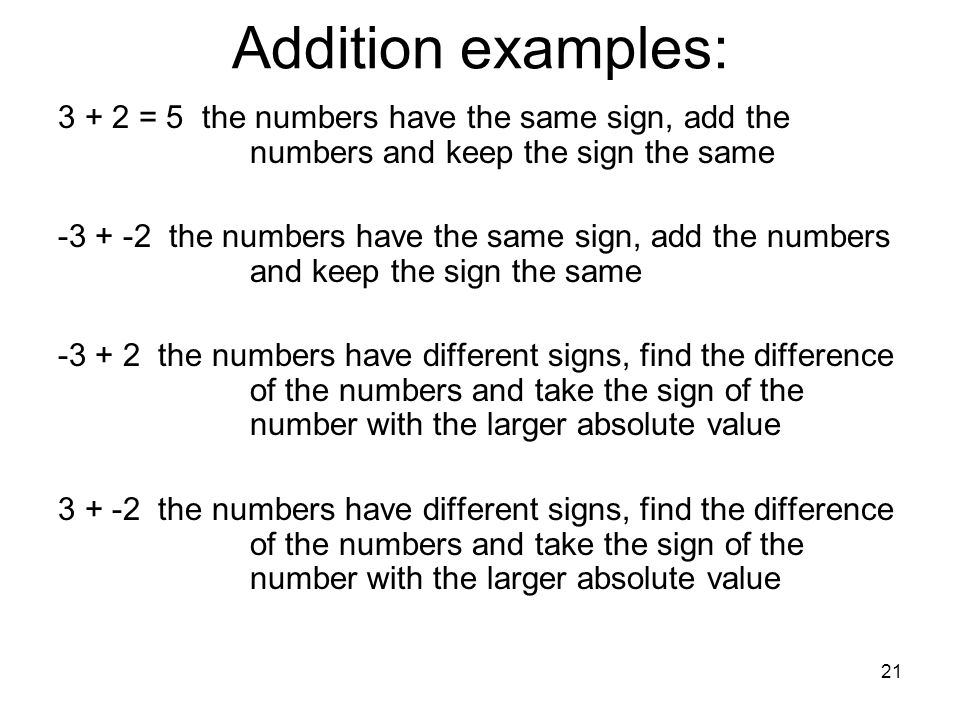 Addition examples: = 5 the numbers have the same sign, add the numbers and keep the sign the same.