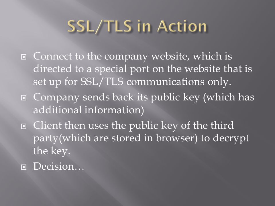 SSL/TLS in Action Connect to the company website, which is directed to a special port on the website that is set up for SSL/TLS communications only.
