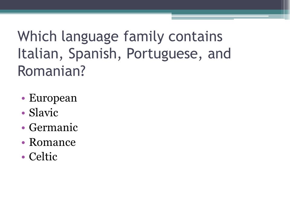 Which language family contains Italian, Spanish, Portuguese, and Romanian