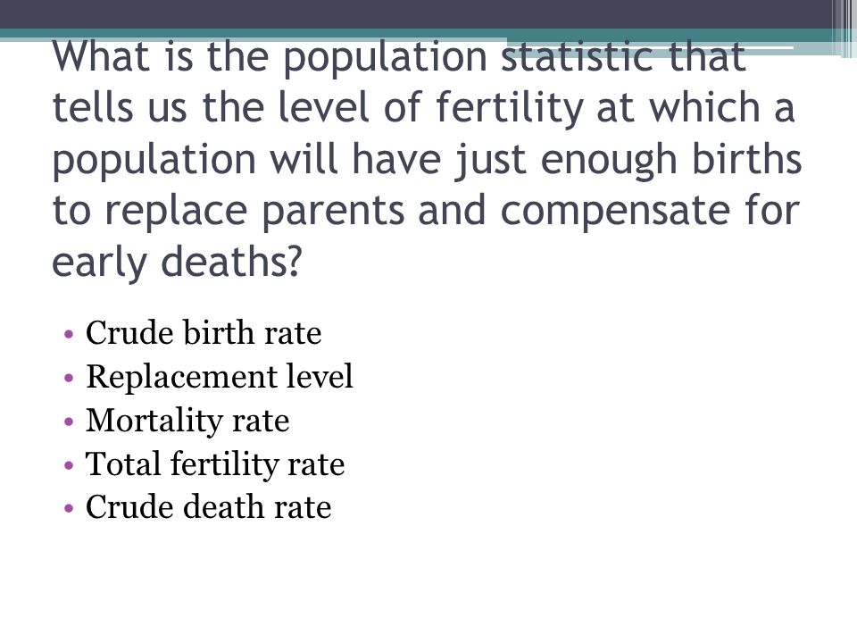 What is the population statistic that tells us the level of fertility at which a population will have just enough births to replace parents and compensate for early deaths